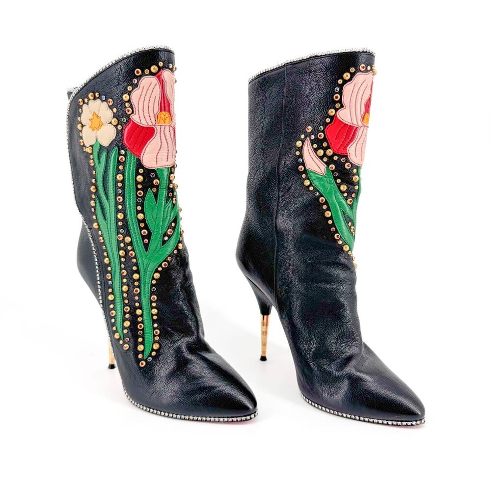 Gucci Black Floral Embroidered Heeled Boots